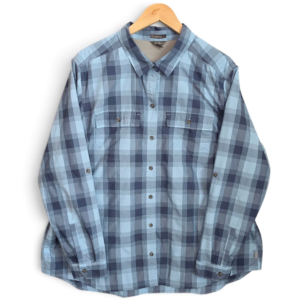 Eddie Bauer Shirt Womens Plus 2XL Blue Plaid Button Up Classic Fit Mesh Lined